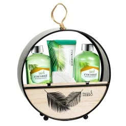 Freida and Joe Coconut Bath Gift Set in Round Wooden Holder