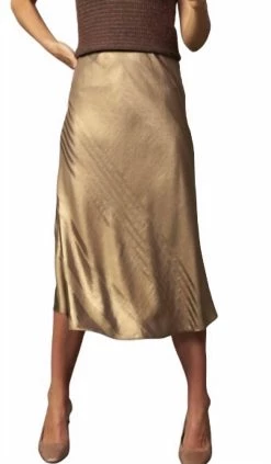 Current Air Metallic Foil Elastic Waisted Bias Cut Skirt in Gold Foil - women