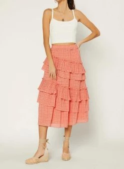 Current Air Slant Tiered Midi Skirt in Coral - women