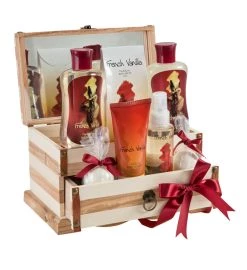 Freida and Joe French Vanilla Fragrance Spa & Skin Care Gift Set in a Wooden Jewelry Box