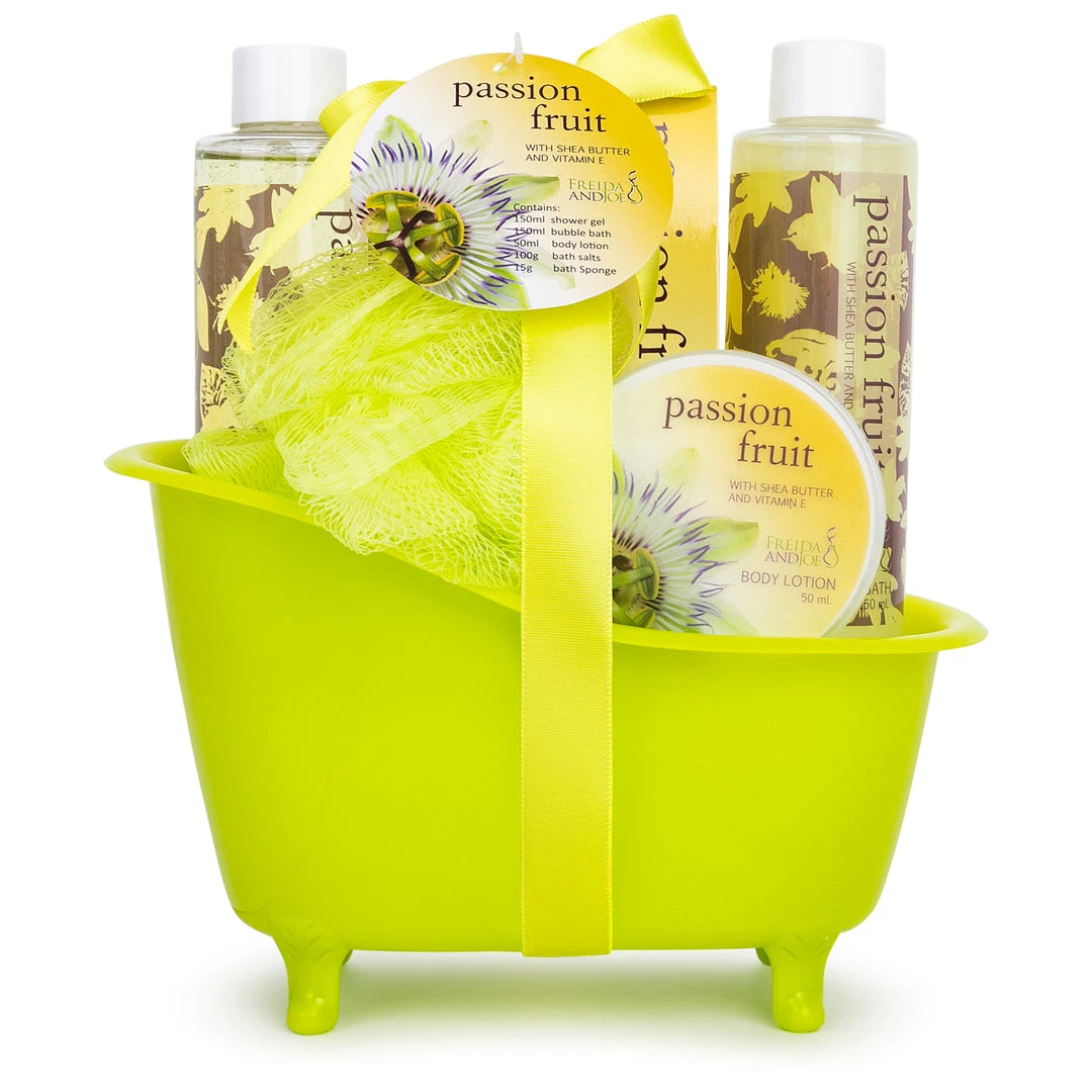 Freida and Joe Passion Fruit Fragrance Bath & Body Spa Gift Set in an Apple Green Tub Basket 1 Freida and Joe Passion Fruit Fragrance Bath & Body Spa Gift Set in an Apple Green Tub Basket