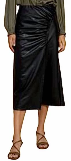Current Air Side Ruched Vegan Leather Midi Skirt in Black - women
