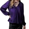 Current Air Long Sleeve Tie Neck And Pleated Back Blouse in Metallic Purple - women
