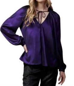 Current Air Long Sleeve Tie Neck And Pleated Back Blouse in Metallic Purple - women