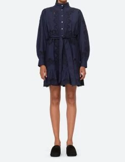 Sea Anita Eyelet Long Sleeve Button Down Dress in Night - women