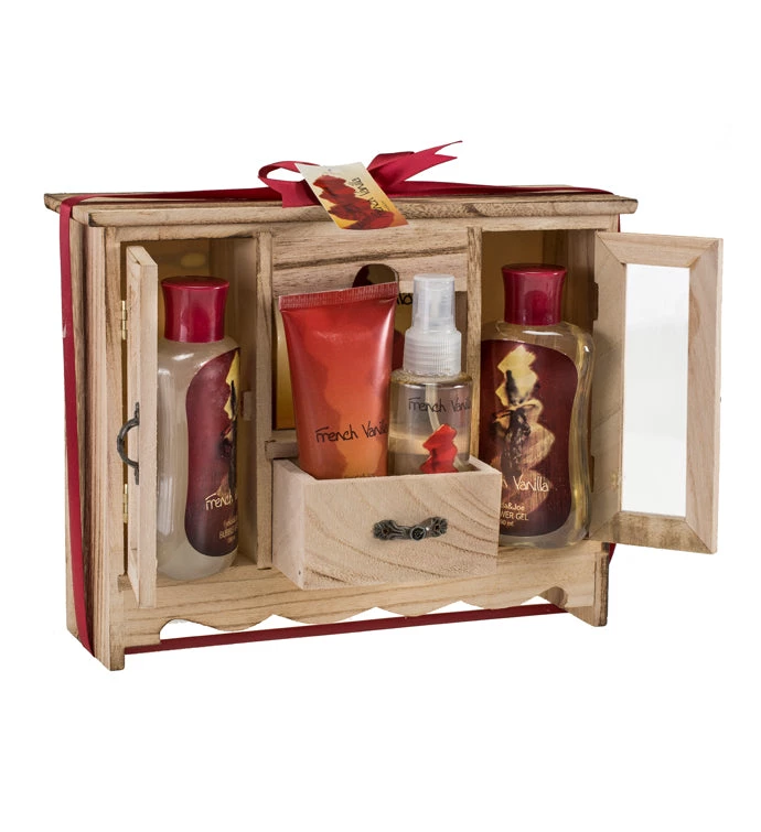 Freida and Joe French Vanilla Fragrance Spa & Skin Care Gift Set in Natural Wood Curio 1 Freida and Joe French Vanilla Fragrance Spa & Skin Care Gift Set in Natural Wood Curio