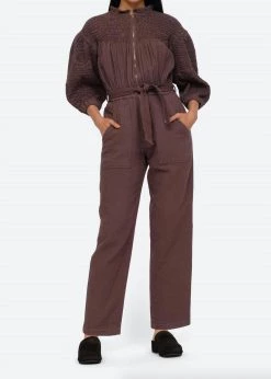 Sea Casey Hand Smocked Puff Sleeve Jumpsuit in Brown - women