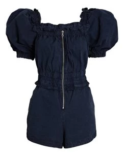 Sea Cara Puff Sleeve Twill Romper in Navy - women